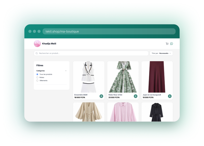 Aperçu d'une boutique Tekil : vitrine produits, recherche, filtres et grille d'articles